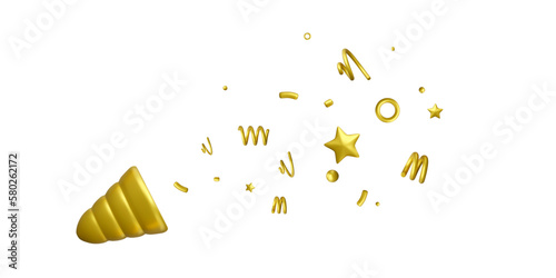 3d party popper explosion. Firecracker with flying golden confetti stars and spirals