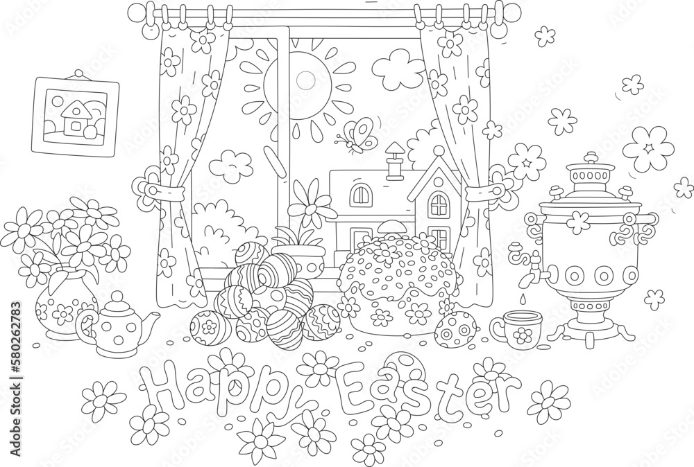 Happy Easter card with a fancy cake surrounded by decorated gift eggs, spring flowers and an old samovar in front of a window with a sunny landscape, black and white vector cartoon