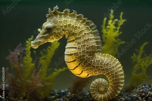 The potbellied seahorse, also known as the big bellied seahorse (Hippocampus abdominalis). Generative AI © AkuAku