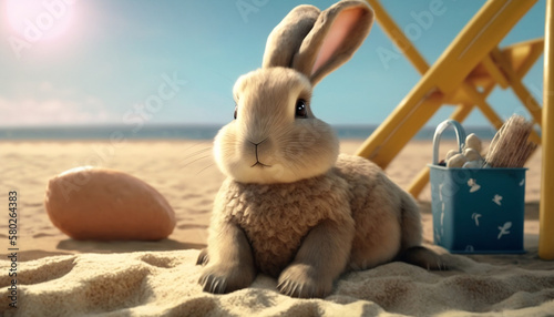 easter bunny with easter eggs on the beach, easter time rabbit holiday photo