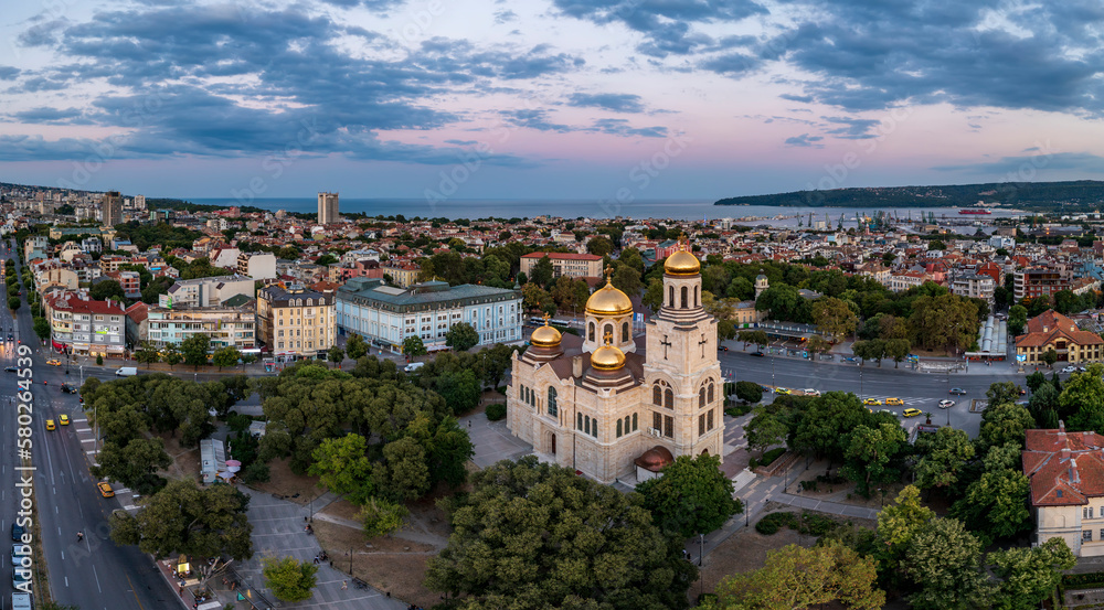 Aerial view of centrum city with The Cathedral of the Assumption in Varna, Bulgaria.