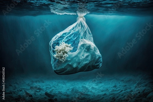 Waste plastic bag floating and scattering in the ocean, resembling a melting glacier; a metaphor for ocean pollution and climate change. Generative AI