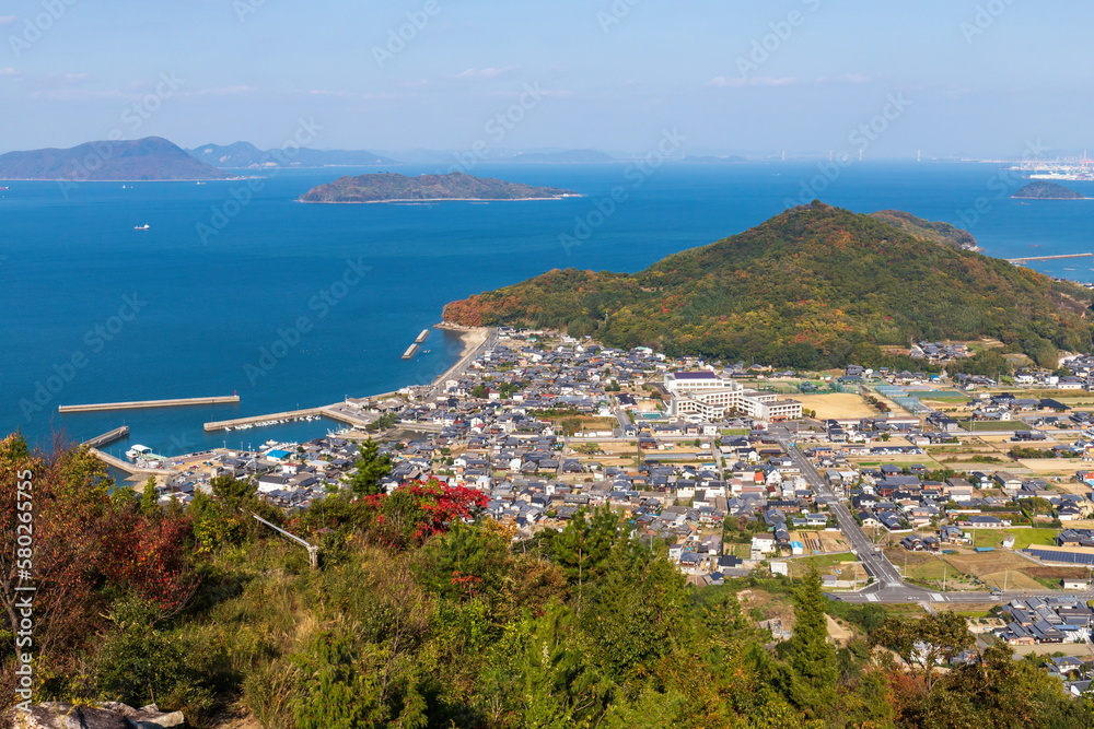 Landscape of takuma town and islands , view from Mt. bakuchi , mitoyo city, kagawa, shikoku, japan