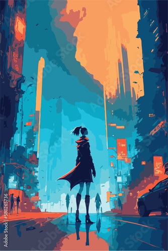 Poster of futuristic city. Cyberpunk world. Video game concept art. Artistic vector art. Man or woman looking at buildings. Advanced technology. Neo noire universe. Dystopic town. Orange glowing neons