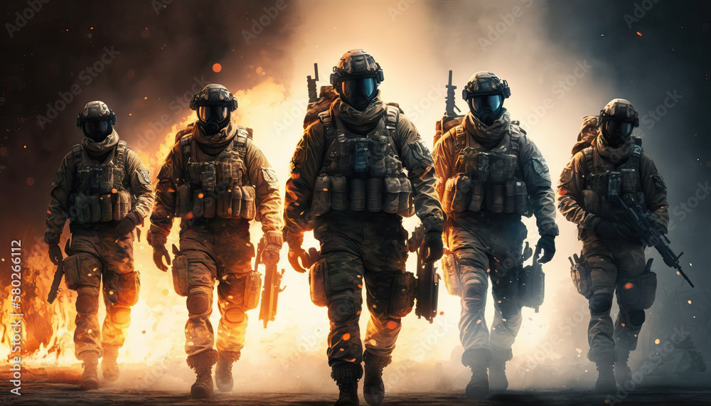 Special forces military units in full tactical gear walking in battlefield, Generative AI image Special forces military units in full tactical gear walking in battlefield, Generative AI image