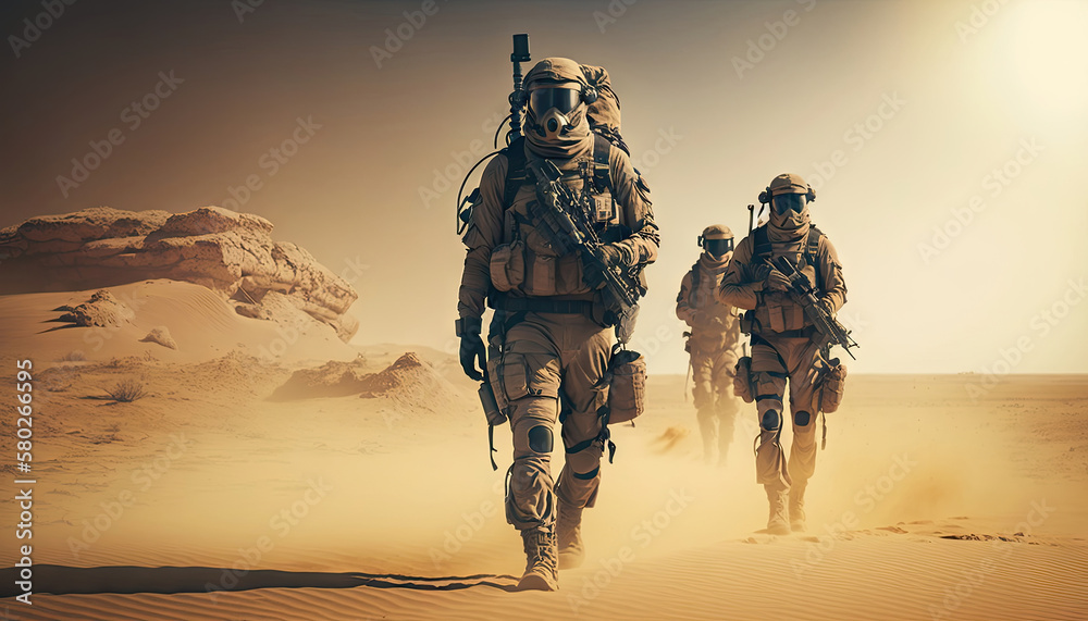 Special forces military units in full tactical gear walking in desert,  Battlefield concept, Generative AI image Stock Illustration