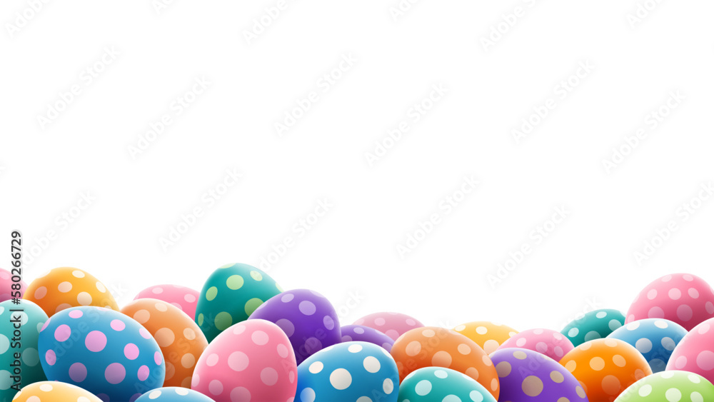 Background for Happy Easter banner or card with many colored 3d Easter eggs painted by polka dot pattern. Eggs lying in the big pile at the bottom, backlight, isolated on white. Vector illustration Background for Happy Easter banner or card with many colored 3d Easter eggs painted by polka dot pattern. Eggs lying in the big pile at the bottom, backlight, isolated on white. Vector illustration