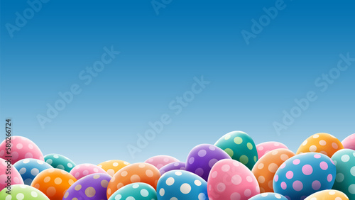 Background for Happy Easter banner or card with many colored 3d Easter eggs painted by polka dot pattern. Eggs lying in the big pile at the bottom, backlight, blue backdrop. Vector illustration