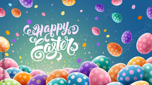 Easter greeting banner or card with many colored Easter eggs painted by polka dot pattern. Eggs flying and falling. Calligraphy inscription Happy Easter. Vector 3d realistic illustration EPS10