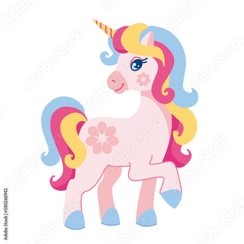 Cute cartoon unicorn character. Isolated fairy tale illustration in flat style. 