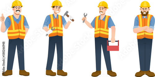 set of industrial construction worker characters flat style illustrations.