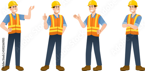 set of industrial construction worker characters flat style illustrations.