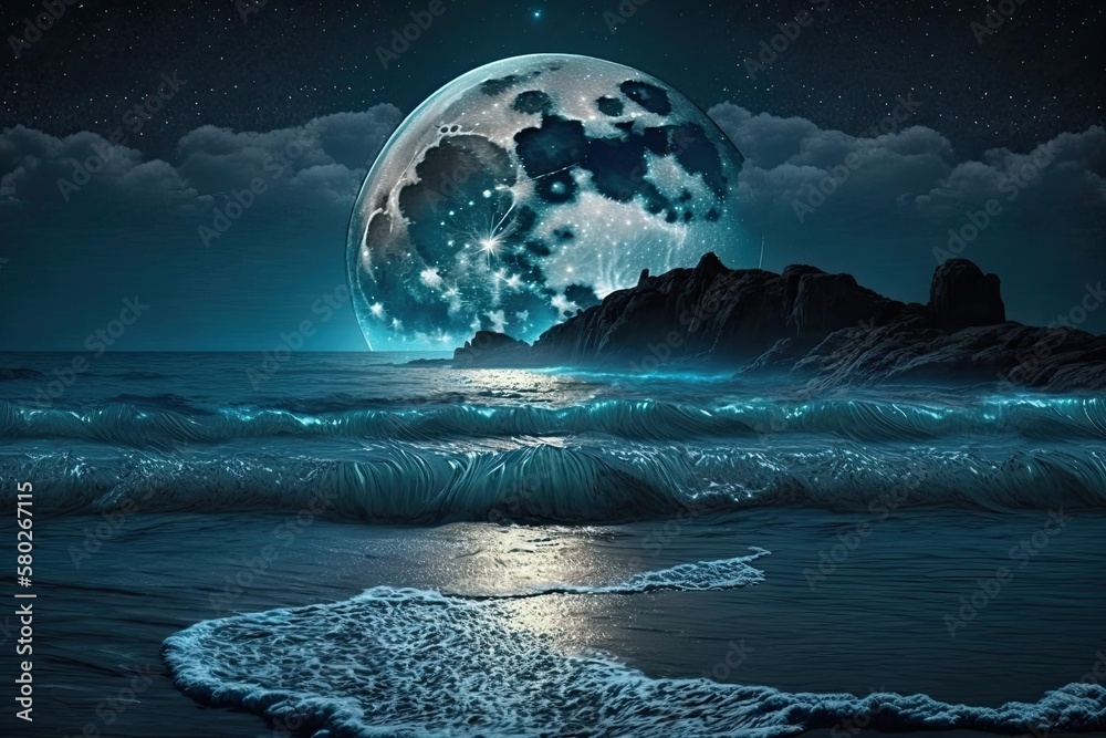 The ocean reflects the full moon in all its blue glory. A tidal wave ...