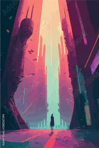 Poster of futuristic city. Cyberpunk world. Video game concept art. Artistic vector art. Man or woman looking at buildings. Advanced technology. Neo noire universe. Dystopic town. Orange glowing neons