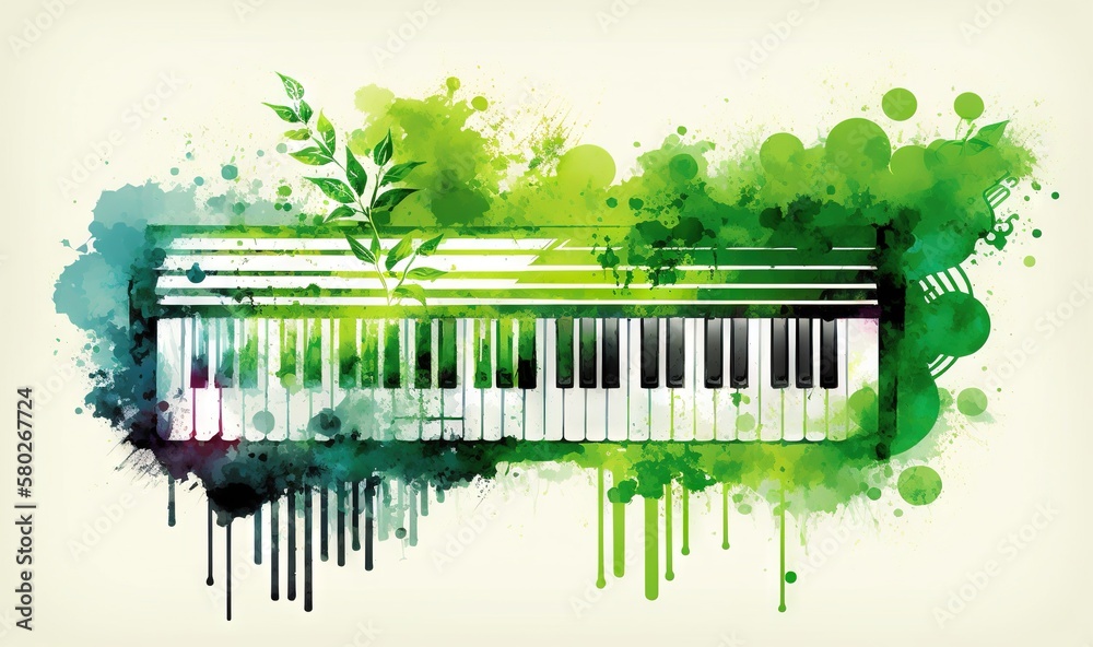 a piano with green paint splatters and a splatter of paint on it's side