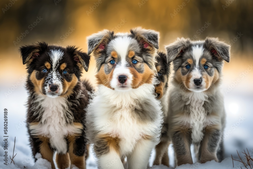 Puppies from a kennel of northern sled dogs in Alaska out for a walk on a snowy winter day. Photographic portrait taken at close range. Small, lovely puppies. The Australian shepherd is in the center