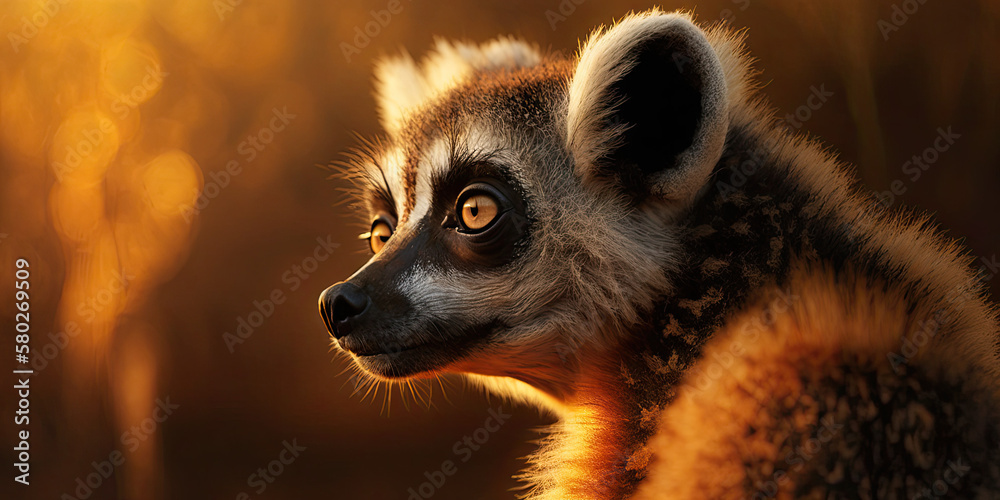 Fototapeta premium Close Up Lemur Enjoying Sunset in High Definition - Exploring the Animal Kingdom. Crafted with Generative AI