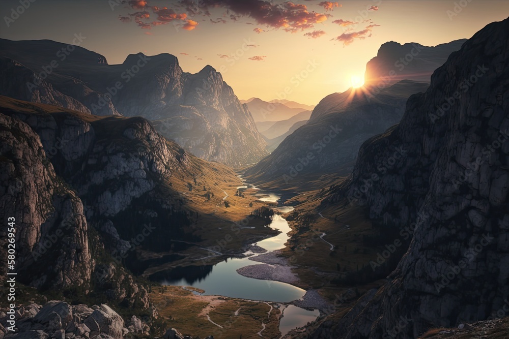 Sunset over the high mountains of the Tara river canyon. Montenegrin national park known as Durmitor. Generative AI