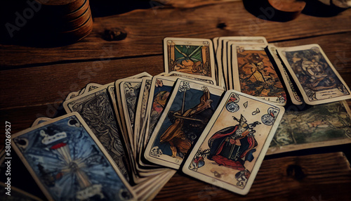 Old tarot card on table