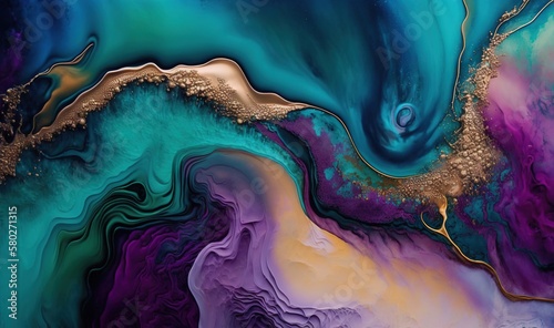  an abstract painting with gold and purple colors on a black background with a blue, purple, and gold swirl pattern on the bottom of the image. generative ai