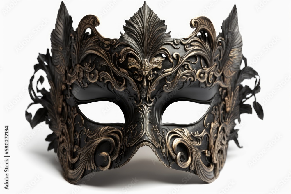 Isolated frontal view of a black Venetian masquerade mask, posed against a white background. Generative AI Isolated frontal view of a black Venetian masquerade mask, posed against a white background. Generative AI