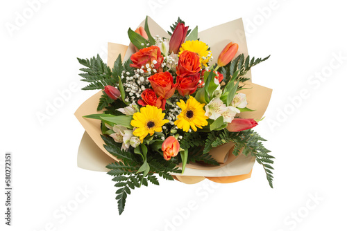 Multicolor flowers bouquet with  tulips, roses, Alstroemeria, daisies and fern leaves