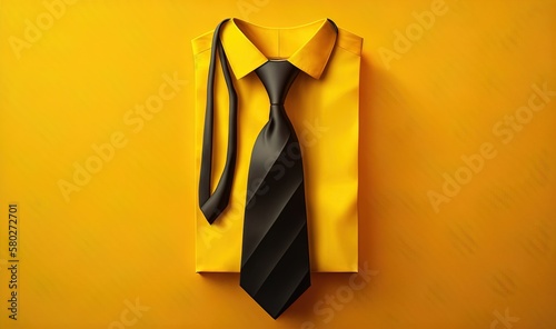  a yellow shirt with a black tie hanging on a yellow wall with a black tie on the shirt and a black tie on the shirt. generative ai
