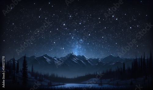  a night sky with stars above a mountain range and a lake in the foreground with trees on the other side of the mountain and a body of water in the foreground. generative ai