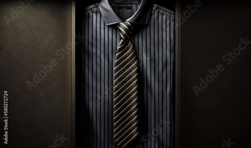 a man's shirt and tie are hanging on a door frame in a dark room with a dark wall and a dark door frame. generative ai