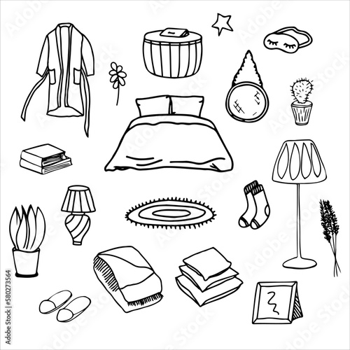 Set of vector bedroom elements . Hand-drawn doodles, sketch, icon, clipart, template, logo. Bed, pillows, plaid, flowers, bathrobe.