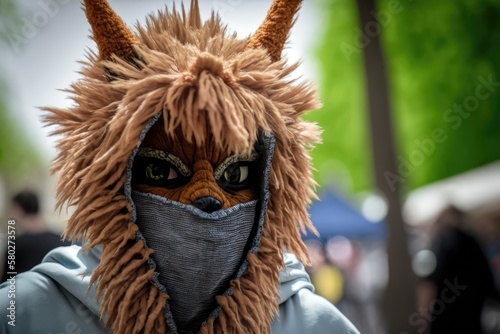 On Japan Day in Dusseldorf, Germany, May 21, 2022, a vertical closeup of a person dressed as a furry creature is captured. Generative AI