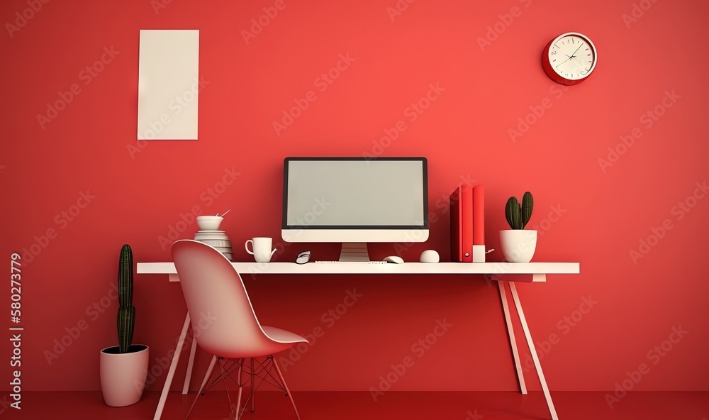 a desk with a computer and a cactus in a vase on it and a clock on the wall above it and a chair and a table with a plant on it. generative ai a desk with a computer and a cactus in a vase on it and a clock on the wall above it and a chair and a table with a plant on it. generative ai