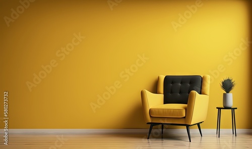  a chair and a table in a room with a yellow wall and a potted plant on a table in front of the chair and a yellow wall.  generative ai
