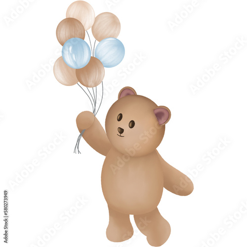 Cute teddy bear holding a balloons. Watercolor animal illustration.baby shower,birthday card,wedding decoration,greeting card,etc.