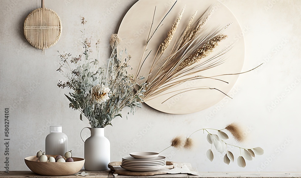 a table topped with plates and vases next to a vase filled with flowers and plants on top of a wooden table next to a wall. generative ai a table topped with plates and vases next to a vase filled with flowers and plants on top of a wooden table next to a wall. generative ai