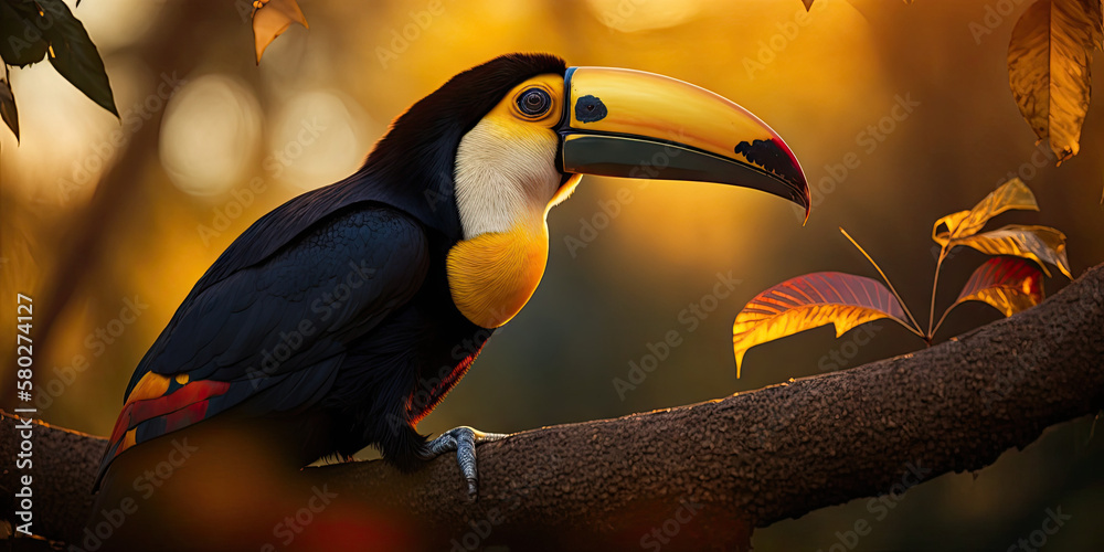 Obraz premium Vibrant Toucan Enjoying Sunset in High Definition - Exploring the Animal Kingdom. Crafted with Generative AI
