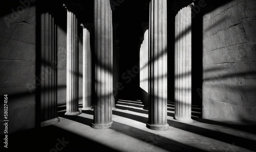  a black and white photo of columns in a building with long shadows on the floor and walls of the building and the columns are casting a long shadow. generative ai