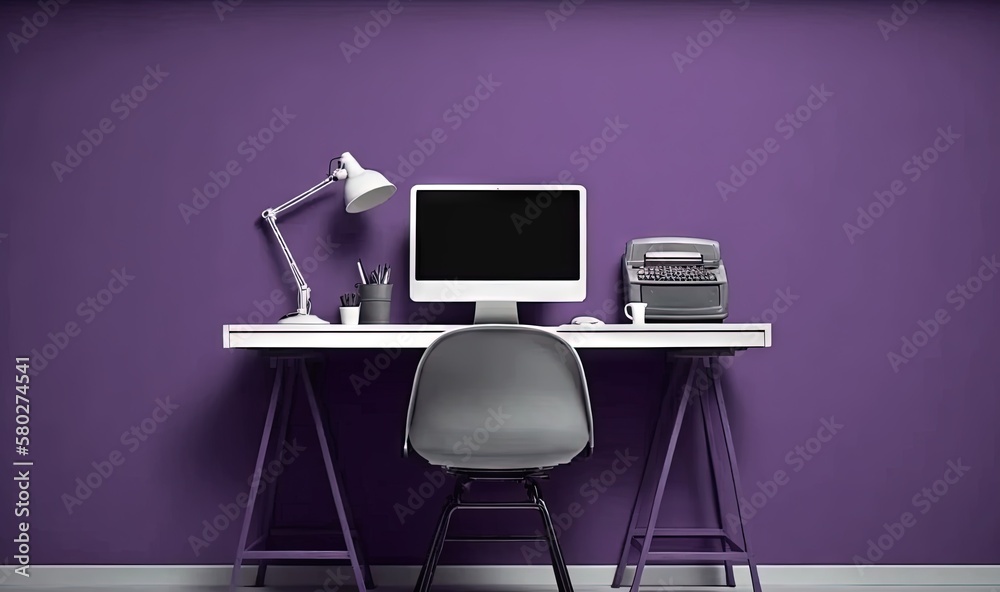 a desk with a computer and a chair in front of a wall with a purple wallpaper and a purple chair in front of a desk with a computer. generative ai a desk with a computer and a chair in front of a wall with a purple wallpaper and a purple chair in front of a desk with a computer. generative ai