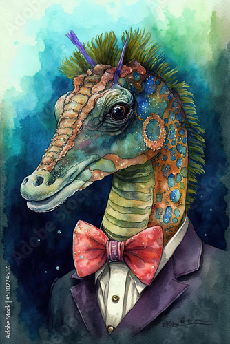 Seahorse wearing Bow ties, Psychedelic Illustration. Generative AI