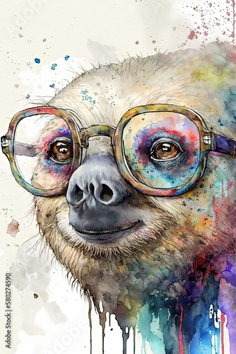 Sloth wearing eyeglasses, Psychedelic Illustration. Generative AI