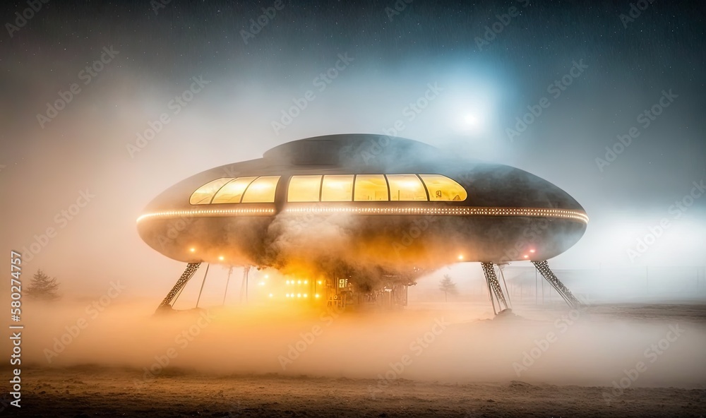 a strange looking building with a lot of smoke coming out of it's sides and lights on it's sides, in the middle of a foggy night. generative ai a strange looking building with a lot of smoke coming out of it's sides and lights on it's sides, in the middle of a foggy night. generative ai