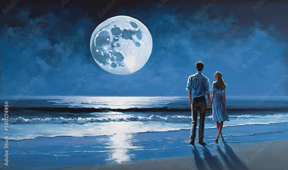 a painting of a man and a woman standing on a beach looking at the ...