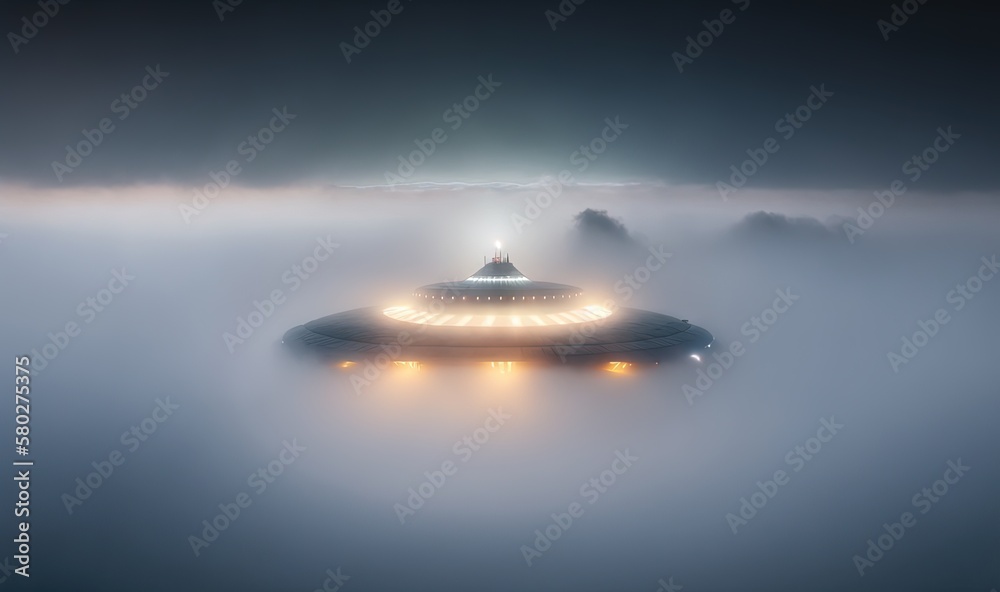 a floating island in the middle of a foggy sky with a light on it's top and lights on it's sides. generative ai a floating island in the middle of a foggy sky with a light on it's top and lights on it's sides. generative ai