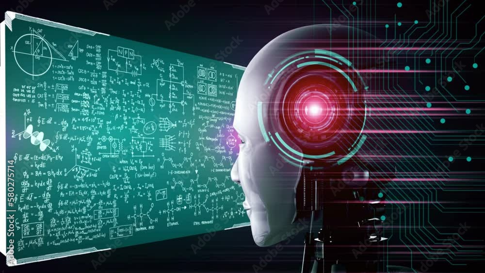 hominoid AI robot looking at hologram screen in concept of math ...