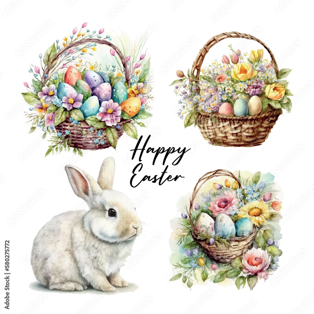 Happy easter set Vector cute classic illustrations of easter eggs in a basket of flowers, chick, bunny greeting text for a greeting card, poster or background