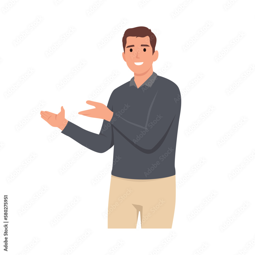 Young Man pointing away hands together and showing or presenting something while standing and smiling. Man pointing copy space. Emotion and body language concept
