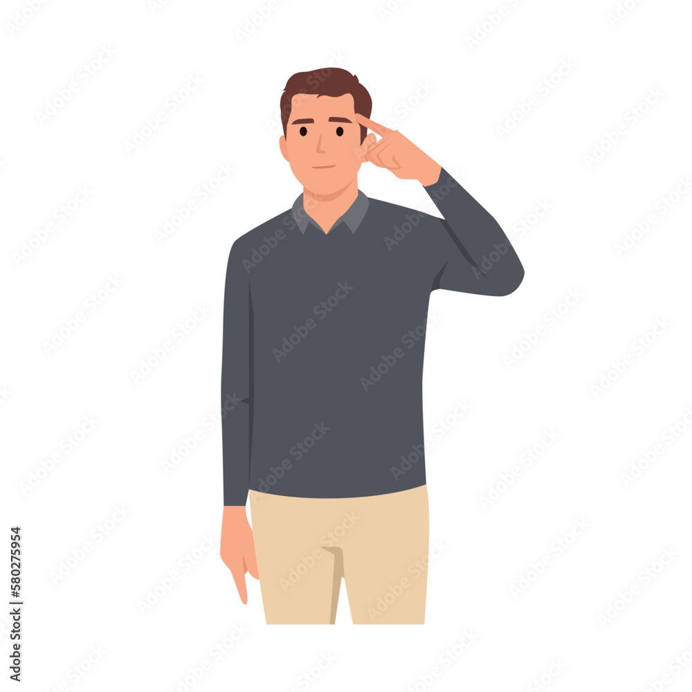 Fototapeta premium Man touches temple with finger wanting to show presence of idea or important thoughts. Young guy in t-shirt with smile makes gesture of gun by bringing hand to head