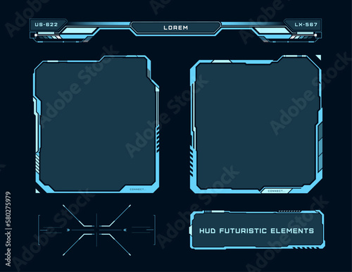 Futuristic ui: windows, target and header. High tech elements for user interface. Modern HUD control panel. Sci-fi concept design. UI for video games and VR. Vector illustration.