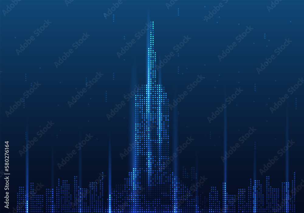 Abstract background of tall buildings in the city as a center of the people Internet system and many technologies that make progress Buildings and cities are small pixels lined up.