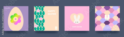 Happy easter. Set of spring holiday cards with rabbit, eggs and flowers. Backgrounds in pastel colors. Geometric style. Vector